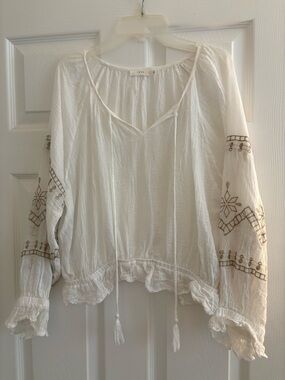 Lush White Boho Peasant Blouse with Tan Embroidered Sleeves